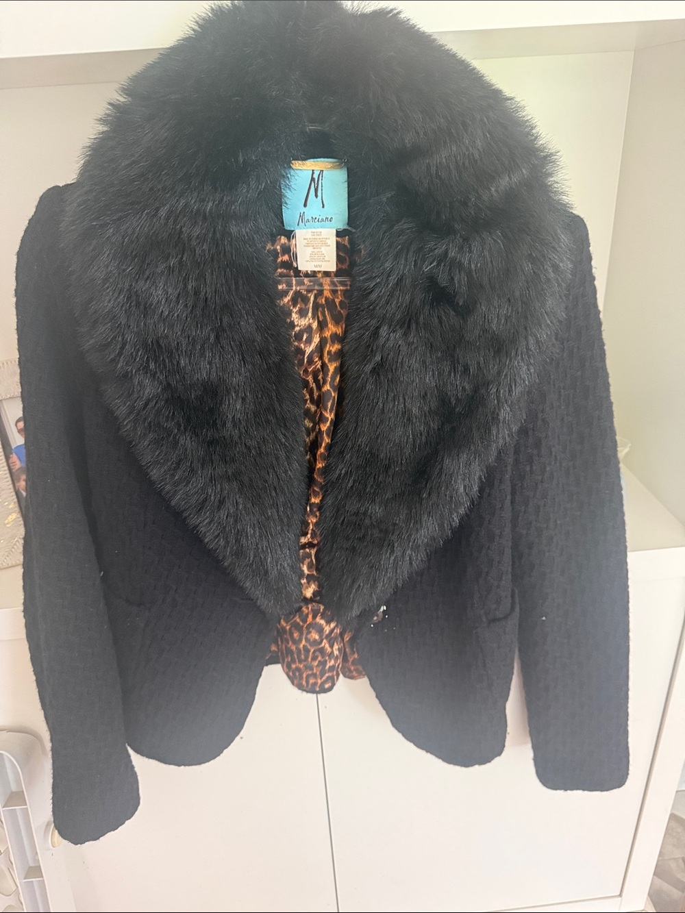 Marciano Black Faux Fur Collar Tweed Blazer with Leopard Lining